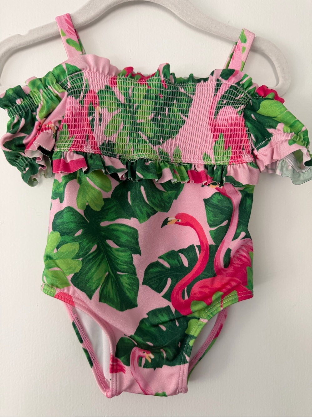 Janie and Jack Pink Flamingo & Green Leaf Ruffle One-Piece Swimsuit off shoulder
